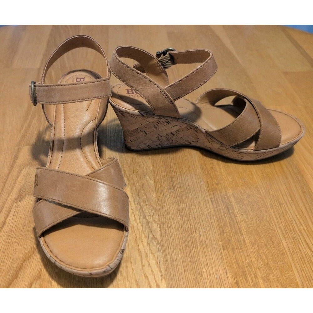 Born Sandals Womens 7 M Tan Leather Platform Wedge Comfort Criss Cross Strap